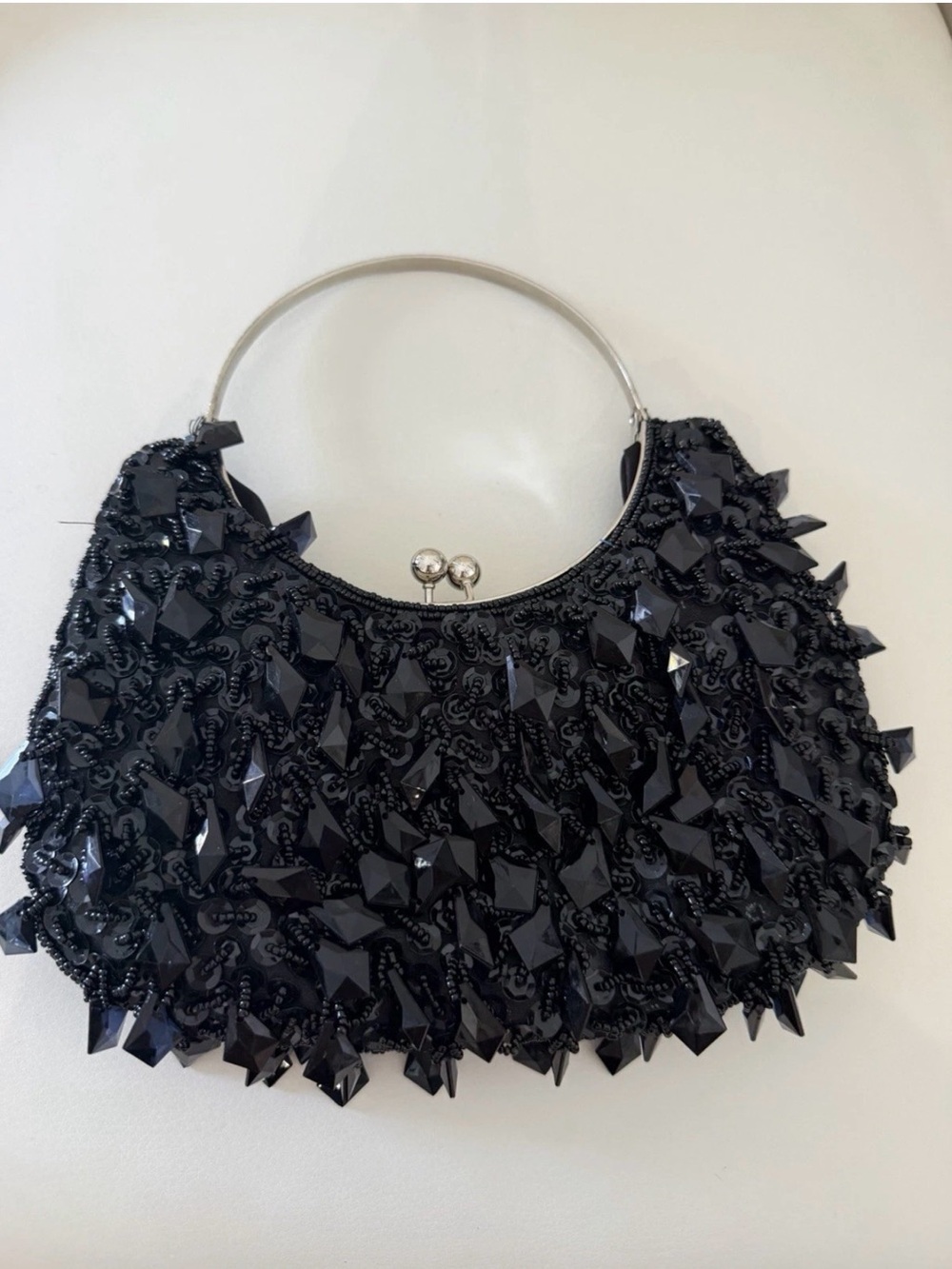 Black Beaded Evening Mini Bag with Silver Handle
